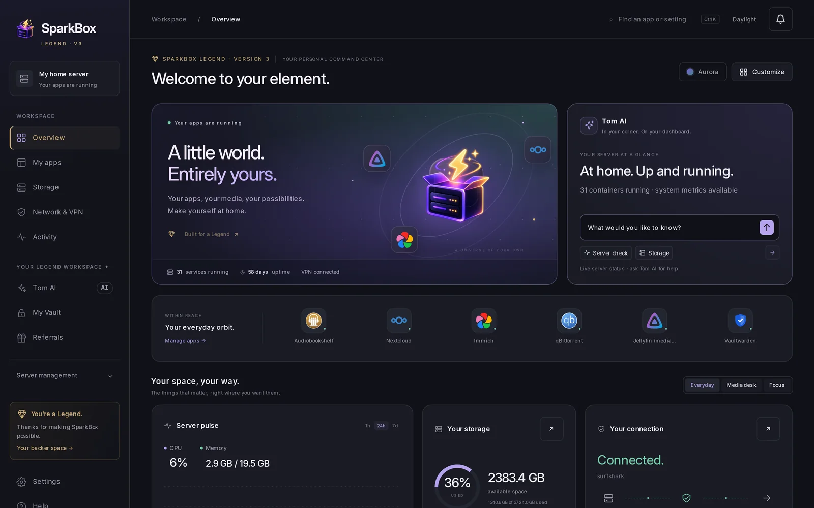 The SparkBox Legend Version 3 Overview in the Aurora atmosphere: a violet hero card, the Tom AI card, an app dock, and Server pulse, storage and connection cards.