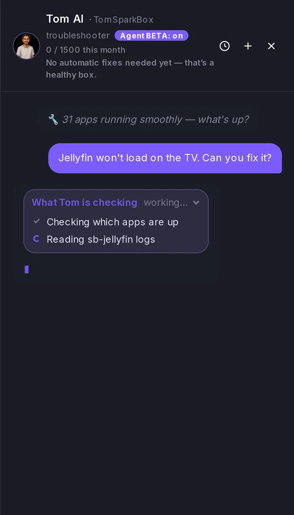 Tom AI panel. The user asks: Jellyfin won't load on the TV, can you fix it? Tom AI shows 'What Tom is checking': checking which apps are up, reading sb-jellyfin logs.