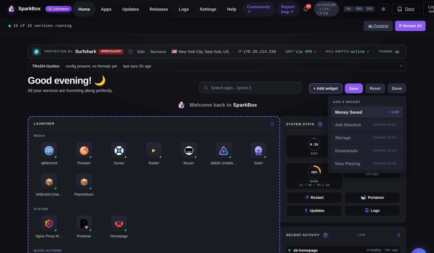 The SparkBox dashboard in edit mode with the Add-a-widget panel open — Money Saved, Storage, Downloads and Now Playing widgets, plus theme options