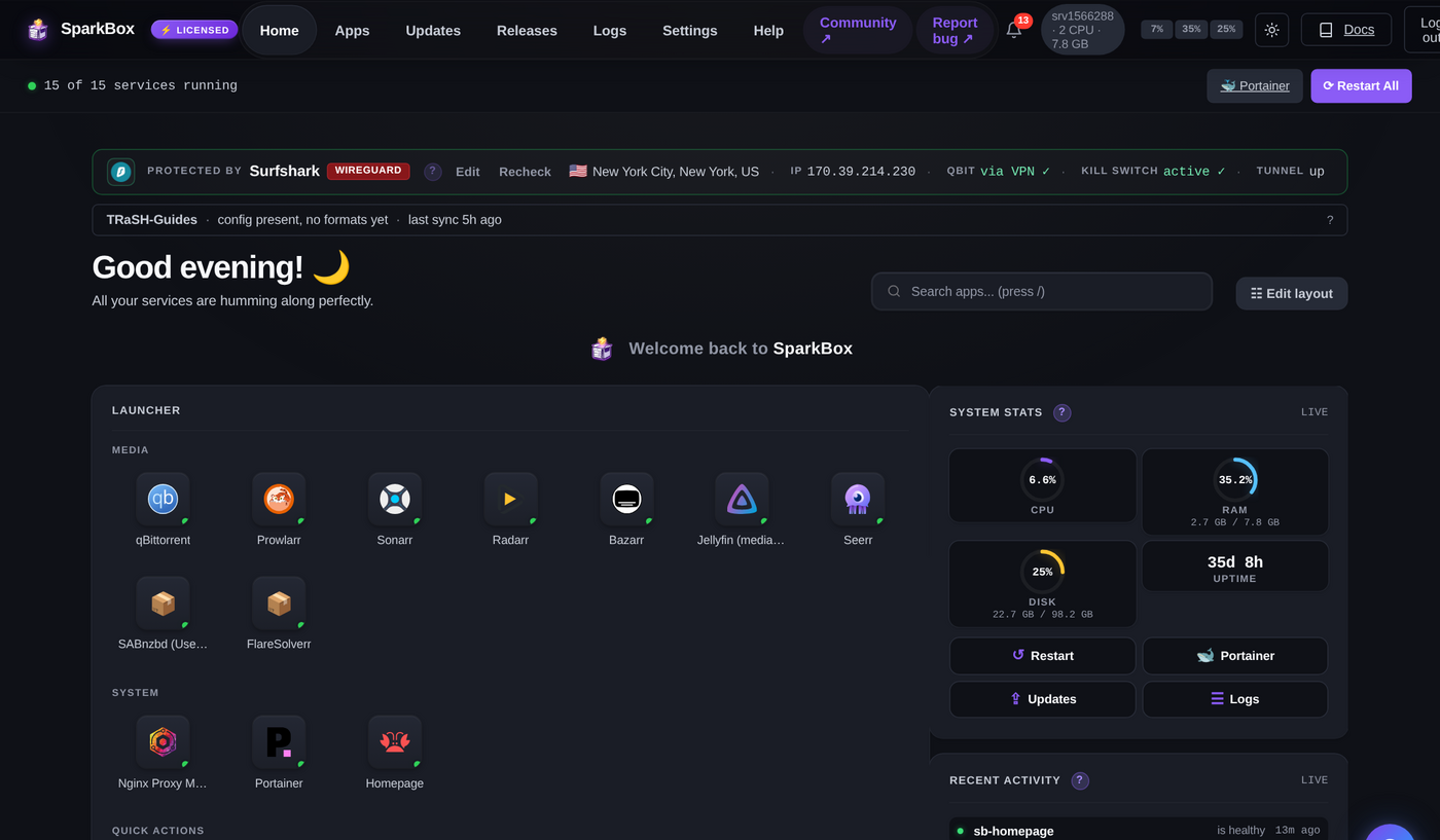 The SparkBox dashboard home — app launcher, live system stats with CPU/RAM/disk gauges, VPN protection bar, and recent activity