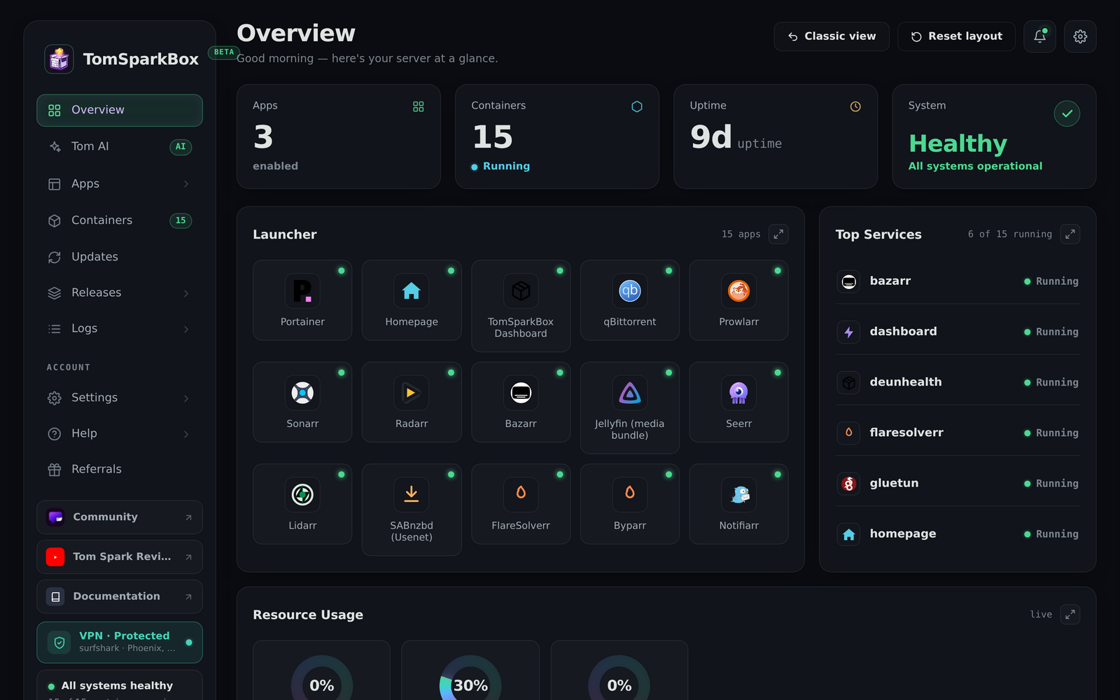 TomSparkBox dashboard home
