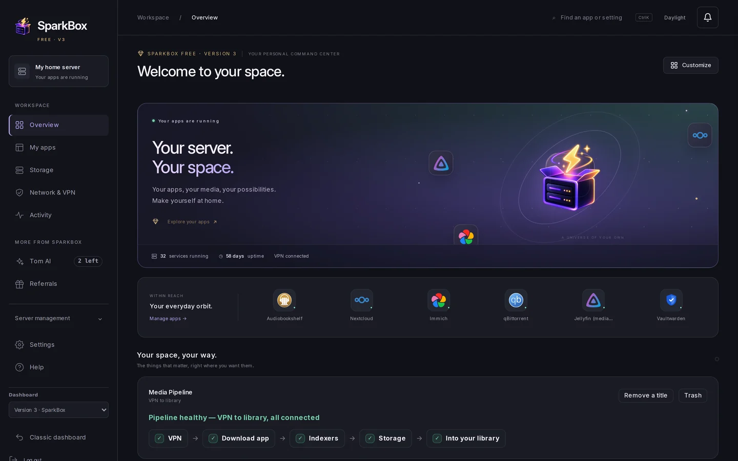 The SparkBox dashboard Overview: your apps, server health and VPN at a glance