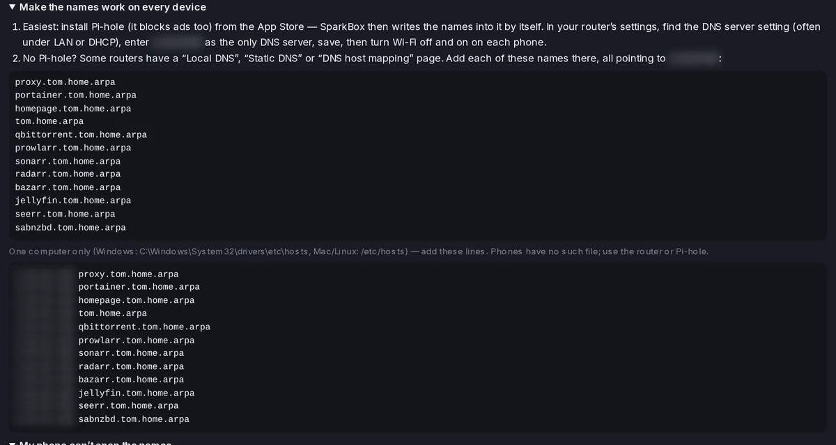 Make the names work on every device: install Pi-hole or set the router's DNS; a copyable list of every name for a router's local DNS page; and hosts-file lines for one computer