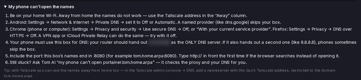 My phone can't open the names checklist: be on home Wi-Fi, Android Private DNS off, Chrome and Firefox secure DNS off, VPN or iCloud Private Relay off, router hands out the box as the only DNS server, include the port and type http://, ask Tom AI