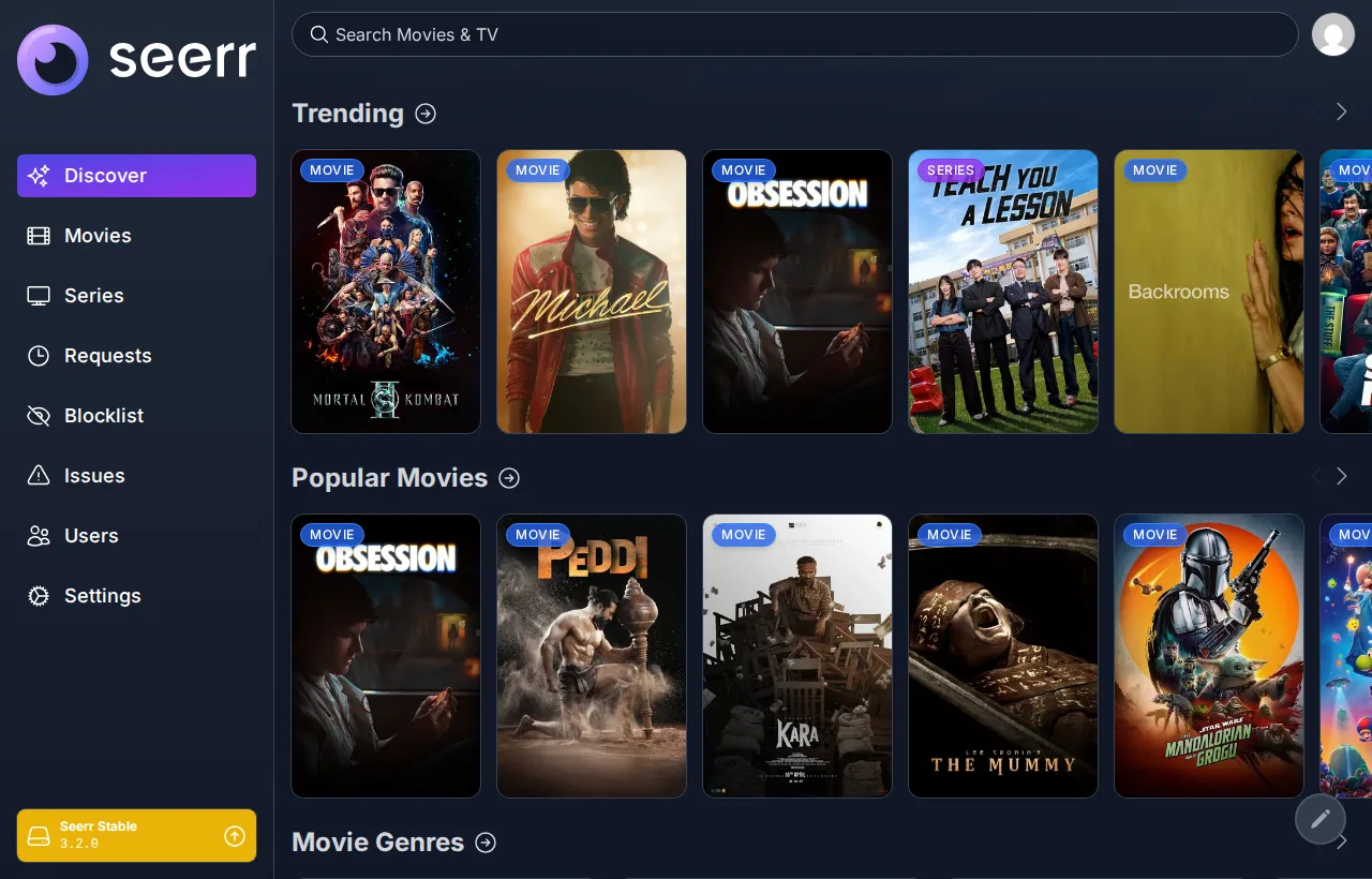 The Seerr request box on SparkBox — a Netflix-style page with movie posters, a search bar, and Discover / Movies / Series tabs
