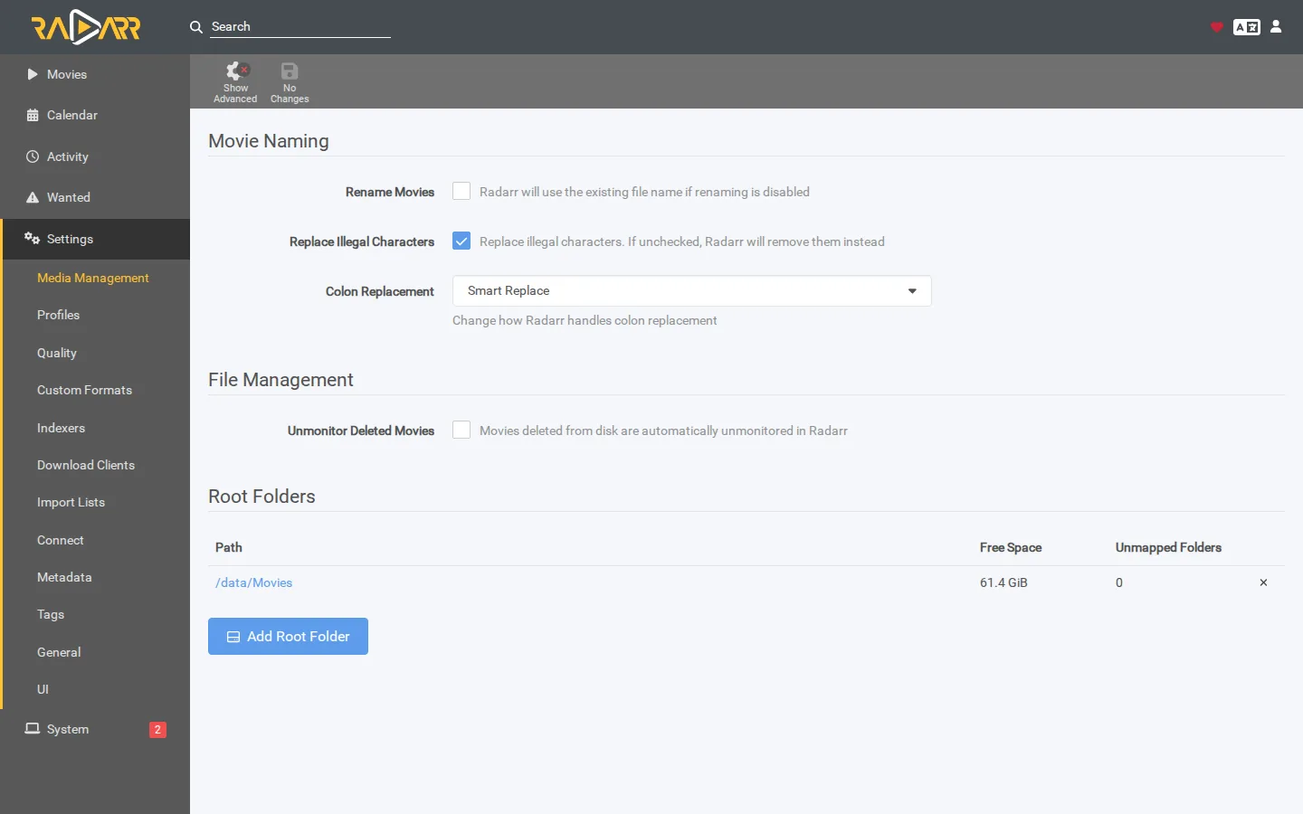 Radarr's Media Management settings — root folders and file naming