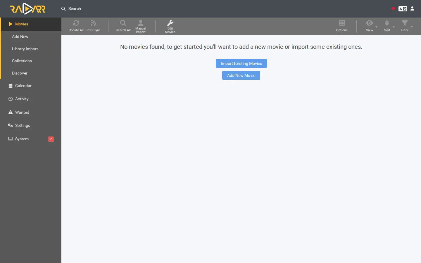 Radarr movie management on a SparkBox server