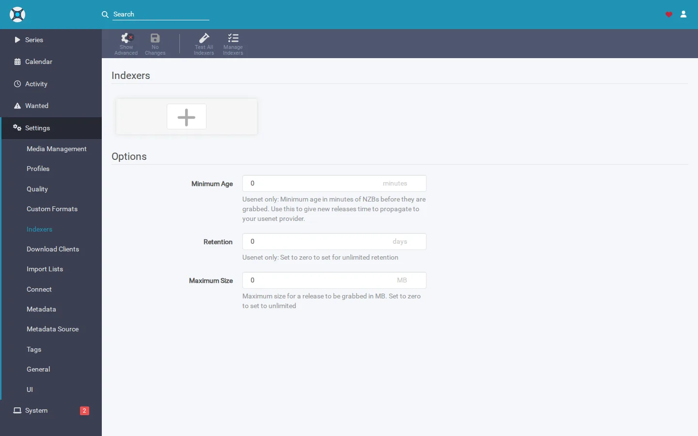 Sonarr's Indexers settings — synced automatically from Prowlarr