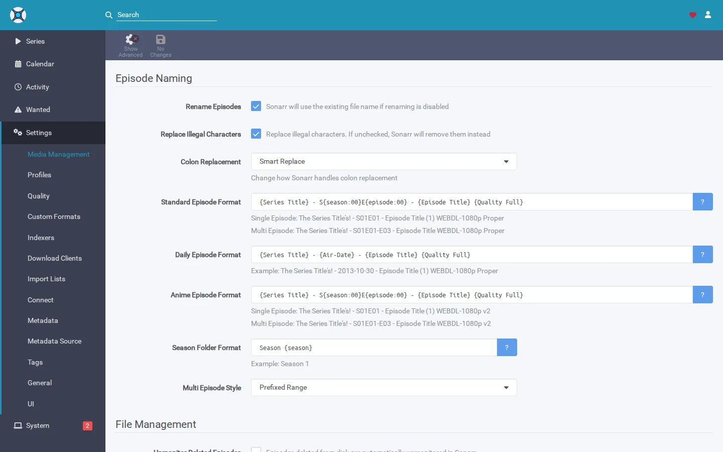 Sonarr's Media Management settings — root folders and file naming