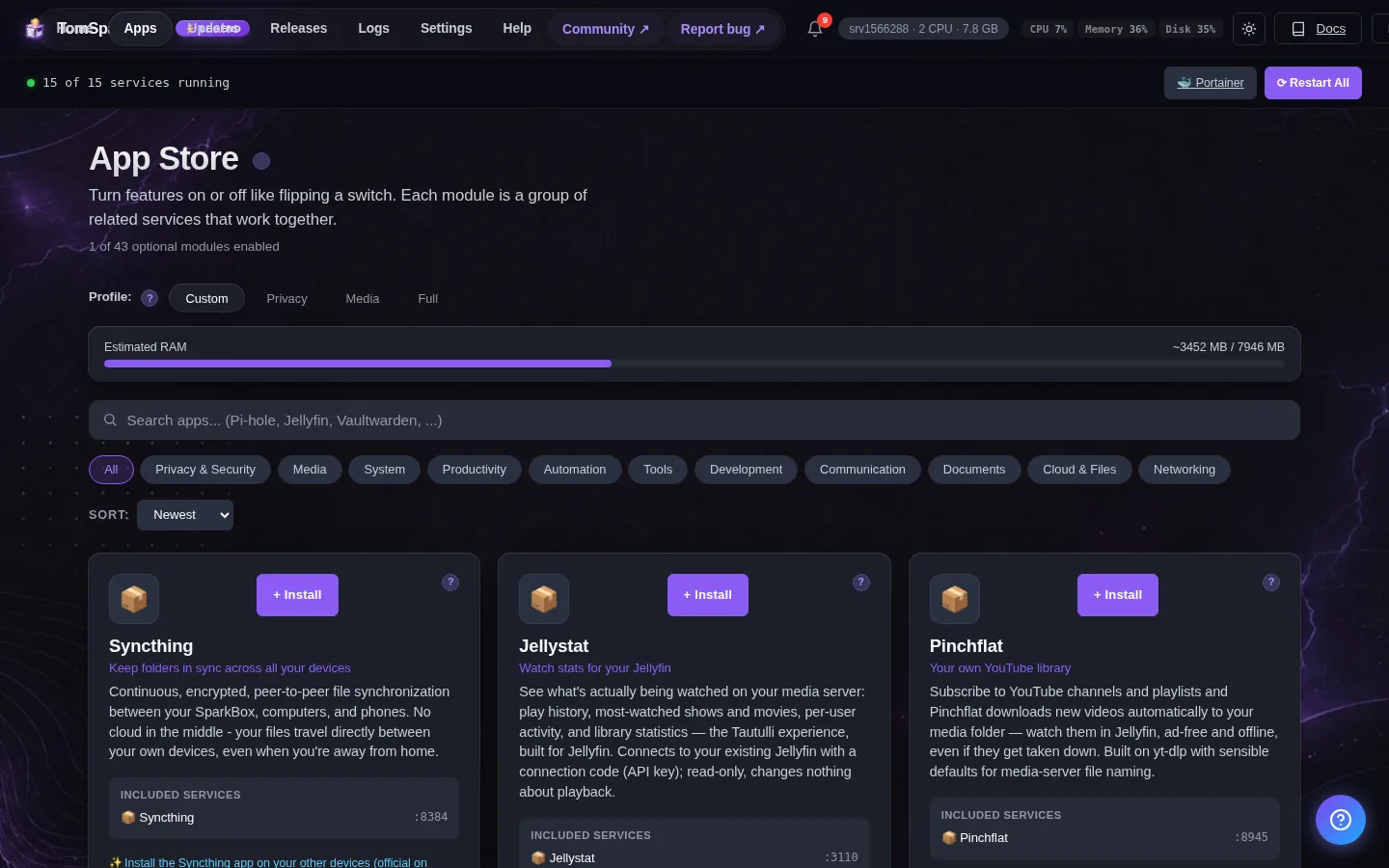 SparkBox Apps page — one-click install cards for every module