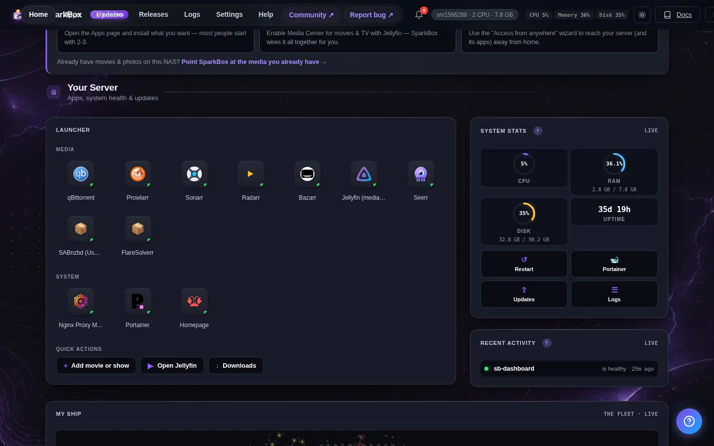 SparkBox dashboard home with app launcher tiles and system stats