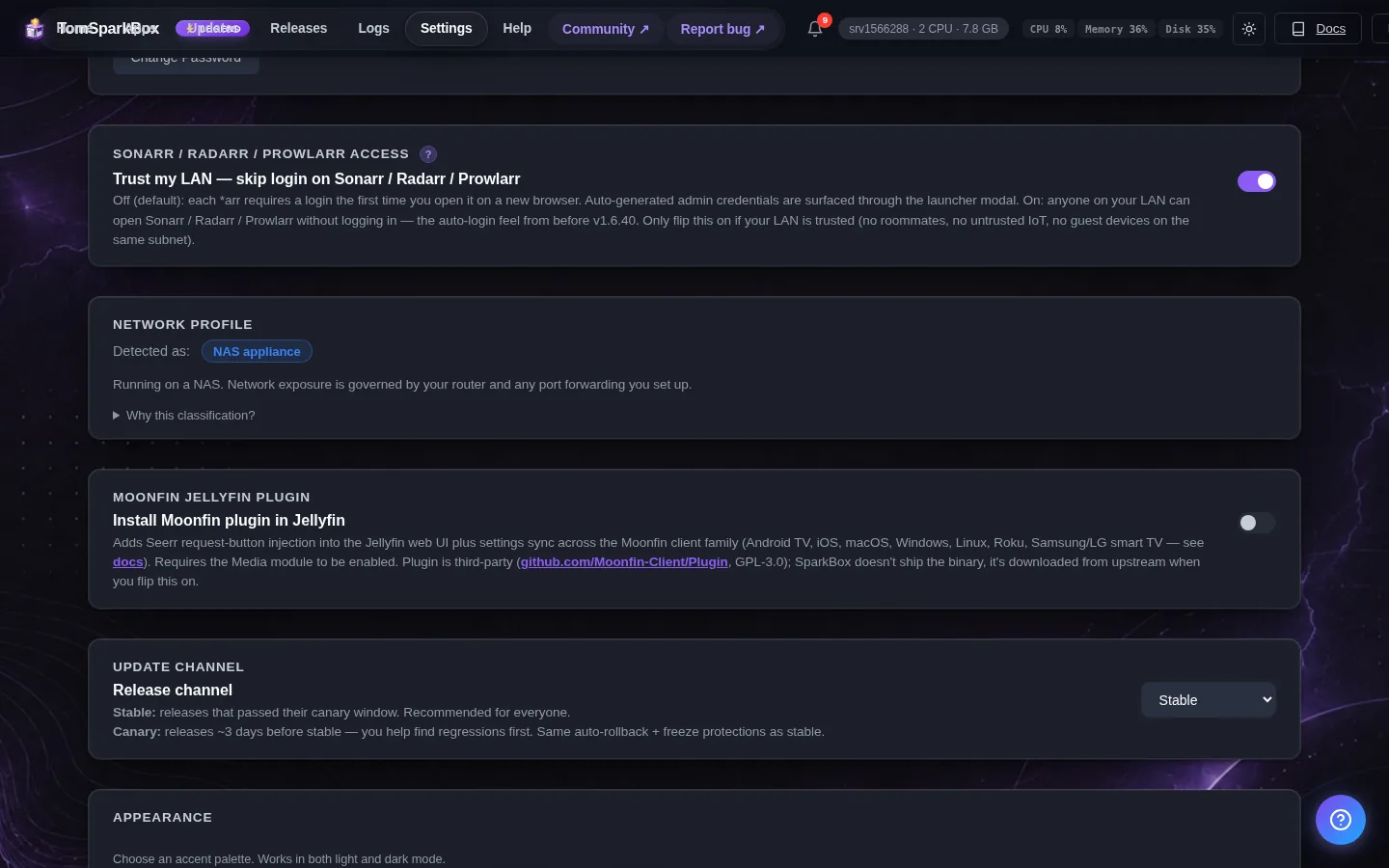 SparkBox Settings page