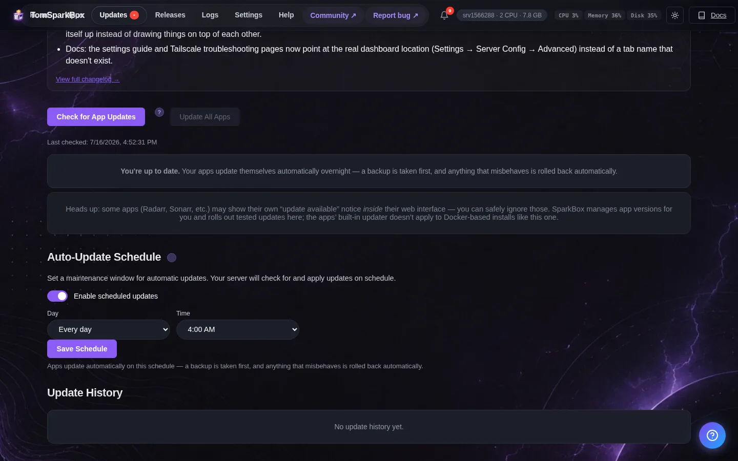 SparkBox Updates page with one-button updating