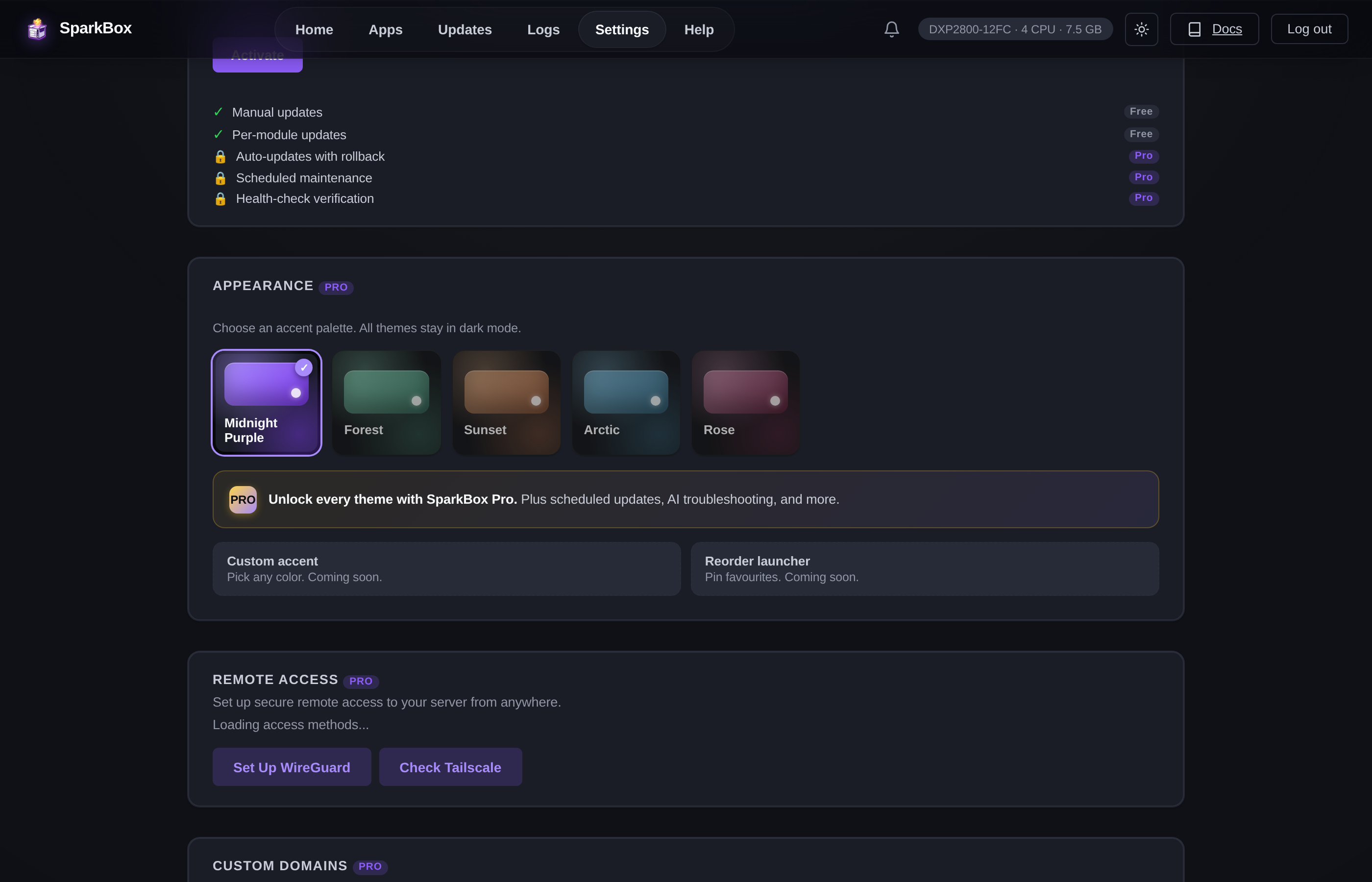 SparkBox settings page showing VPN configuration and remote access options