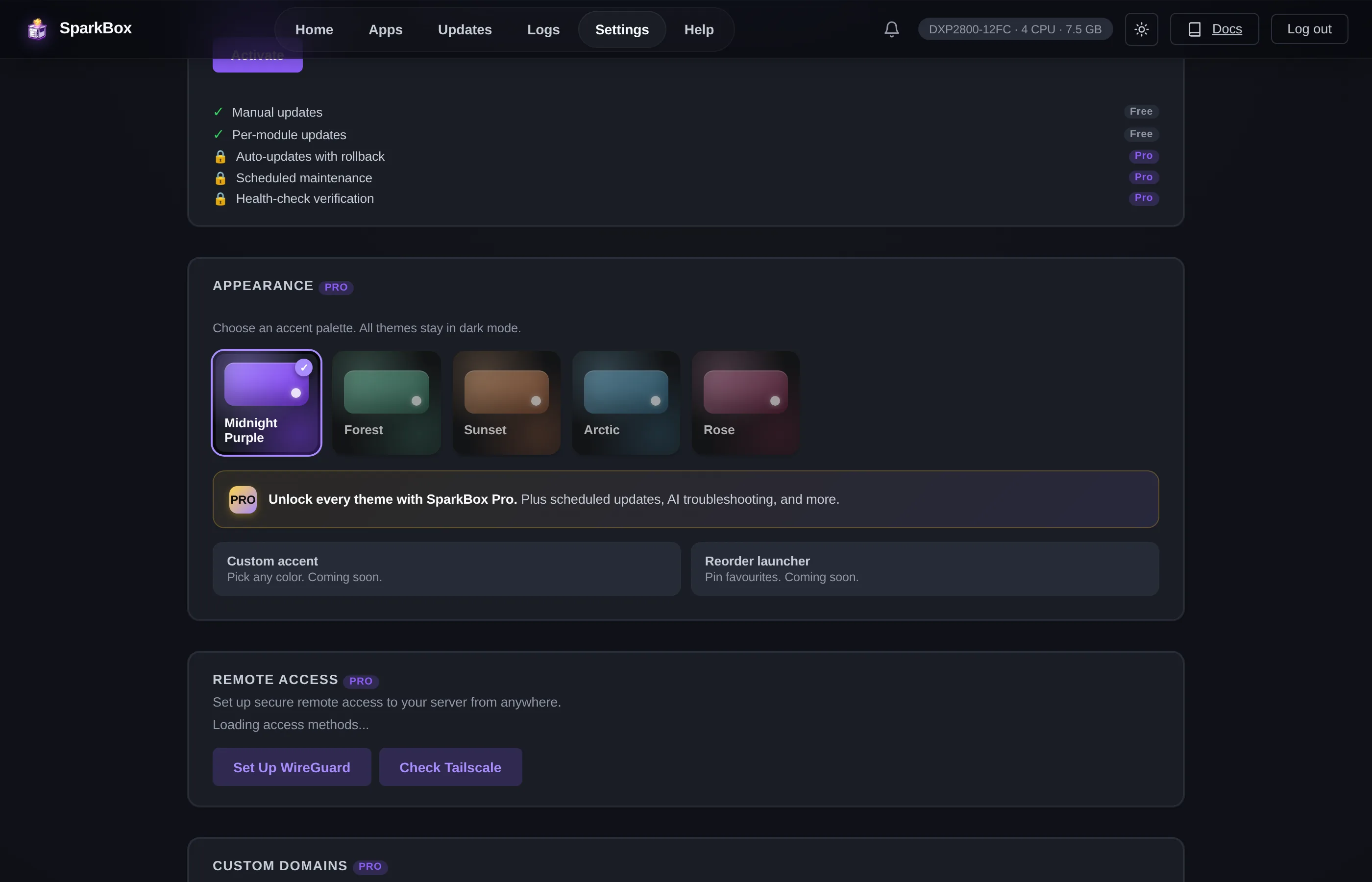 SparkBox settings page showing VPN configuration and remote access options