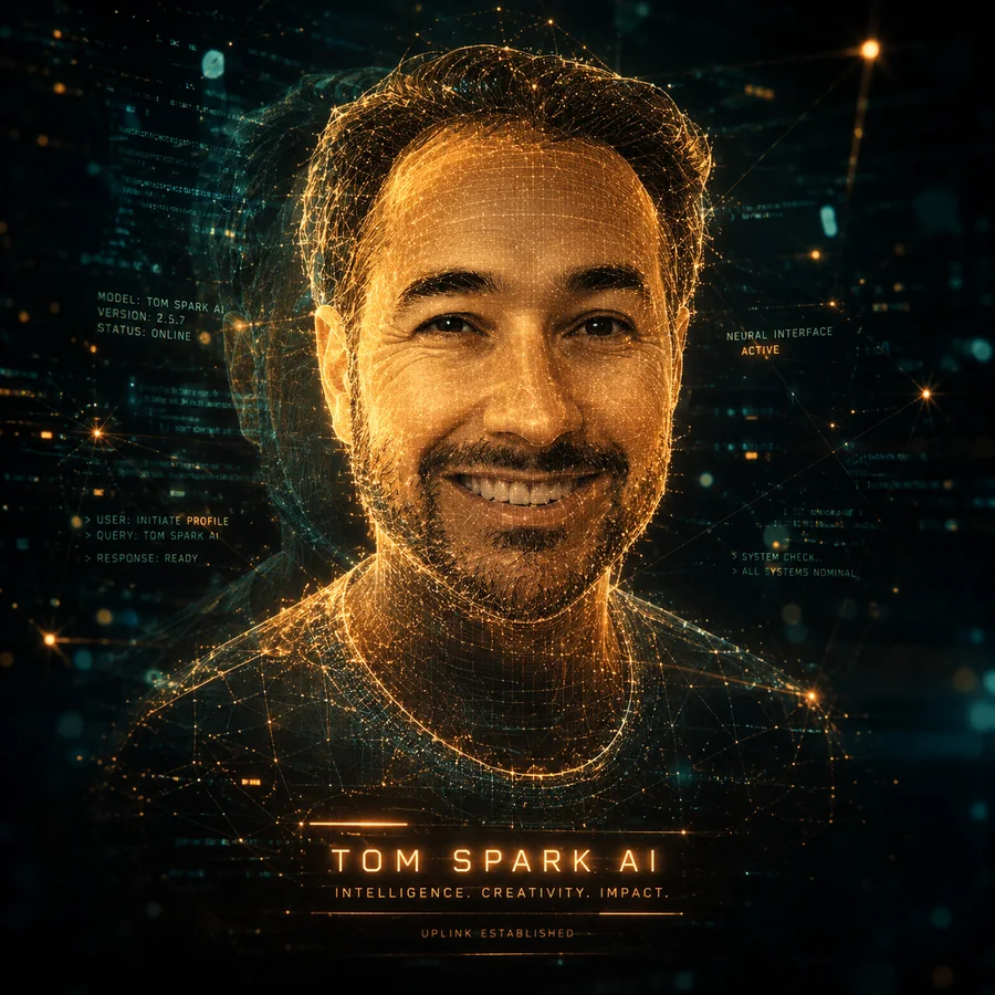Tom Spark AI — neural wireframe portrait